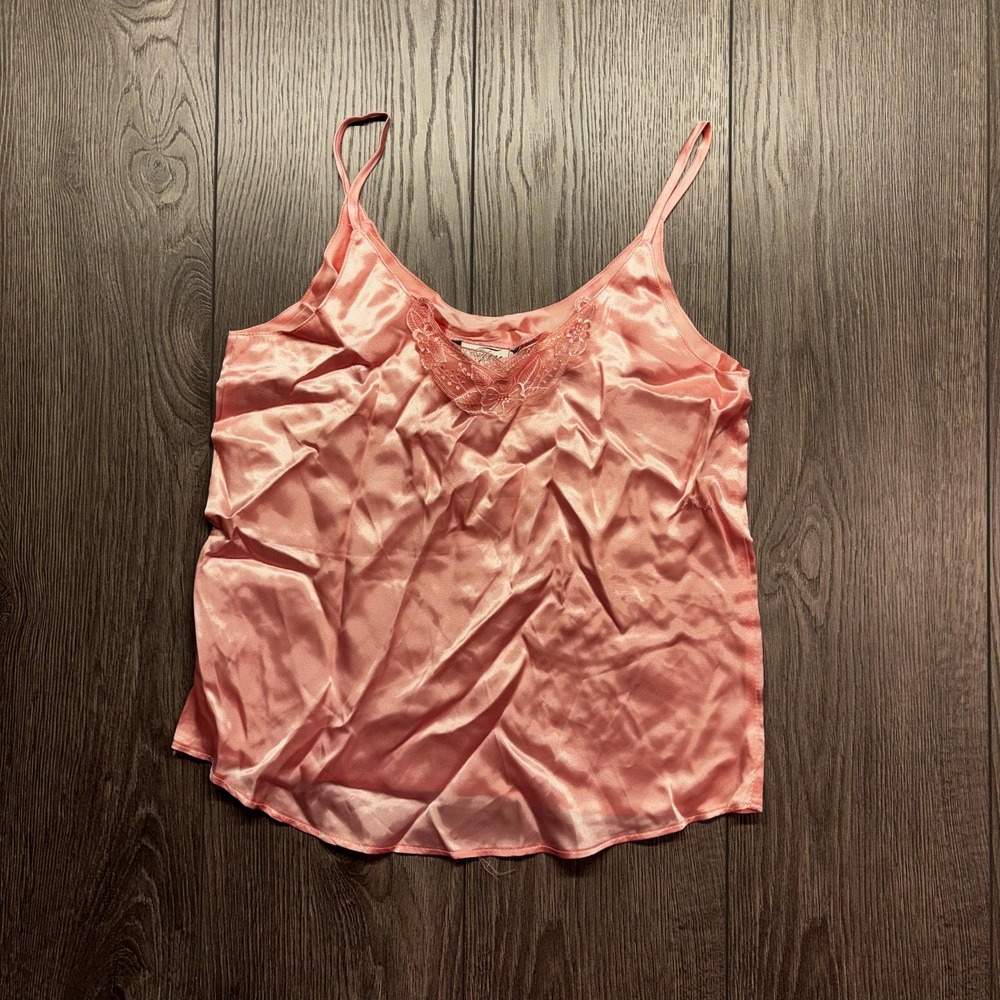 Vintage 1980s Try One Silk Satin Pink Slip Top Lace Pyjama Sleek Small